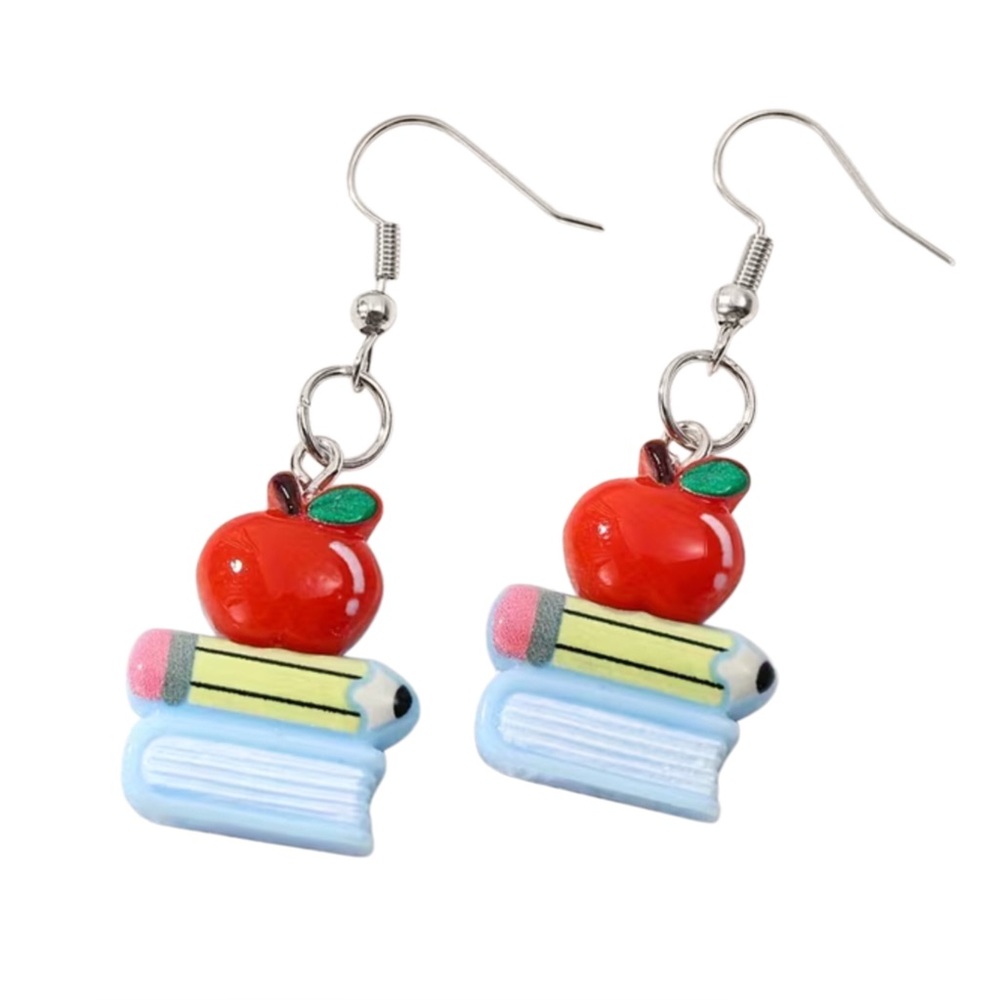 Teacher School Book Pencil Apple Dangle Earrings